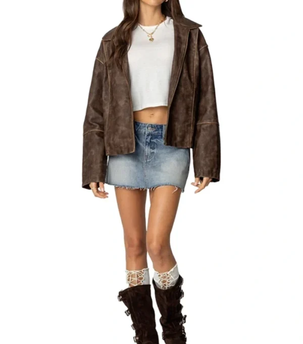 Brown Oversized Distressed Leather Jacket on Sale