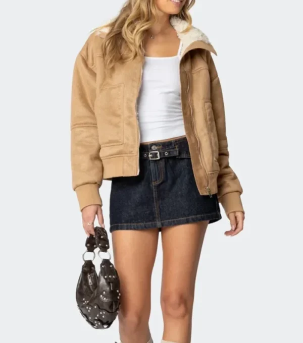 Brown Suede Shearling Jacket for Women Front