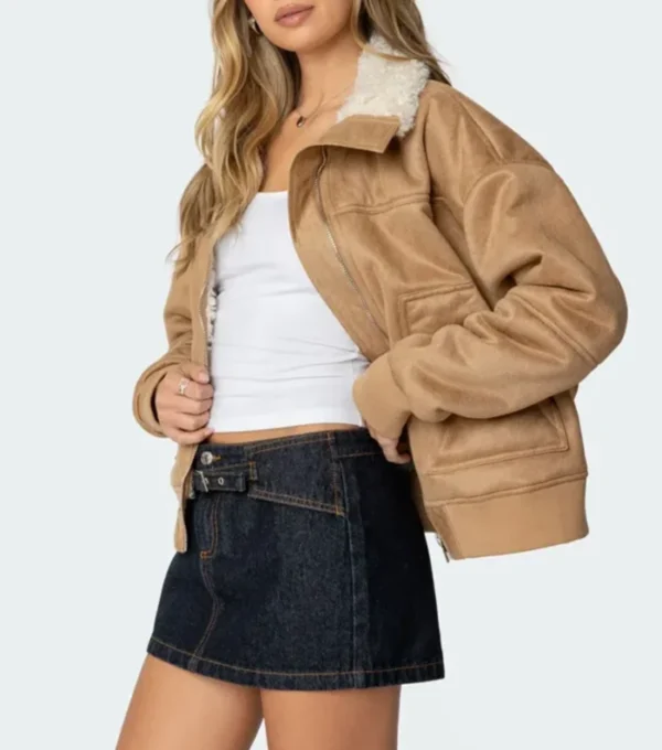 Brown Suede Shearling Jacket for Women Side Look