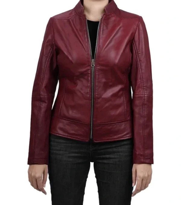 Burgundy Leather Cafe Racer Jacket for Women