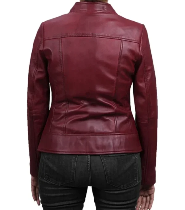 Burgundy Leather Cafe Racer Jacket for Women Back