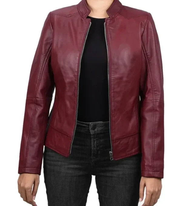 Burgundy Leather Cafe Racer Jacket for Women Front