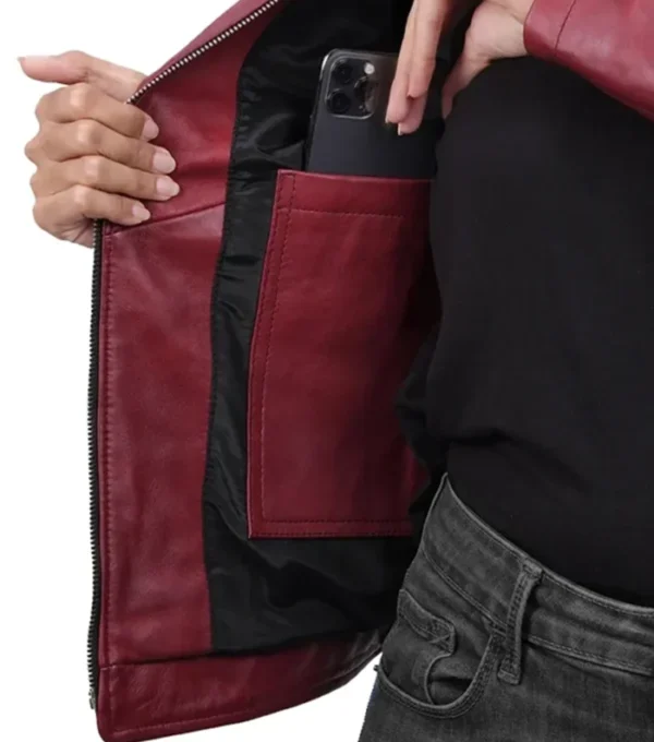 Burgundy Leather Cafe Racer Jacket for Women Pocket