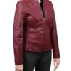 Burgundy Leather Cafe Racer Jacket for Women Side Look