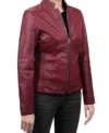 Burgundy Leather Cafe Racer Jacket for Women Side Look