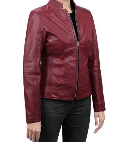 Burgundy Leather Cafe Racer Jacket for Women Side Look