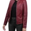 Burgundy Leather Cafe Racer Jacket for Women on Sale