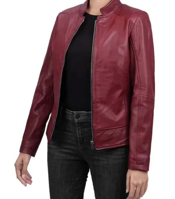 Burgundy Leather Cafe Racer Jacket for Women on Sale