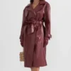 Burgundy Leather Trench Coat with Belt