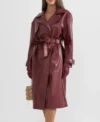 Burgundy Leather Trench Coat with Belt