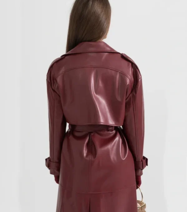 Burgundy Leather Trench Coat with Belt Back