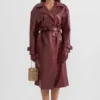 Burgundy Leather Trench Coat with Belt Front