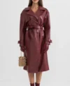 Burgundy Leather Trench Coat with Belt Front