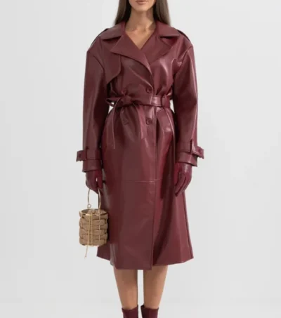 Burgundy Leather Trench Coat with Belt Front