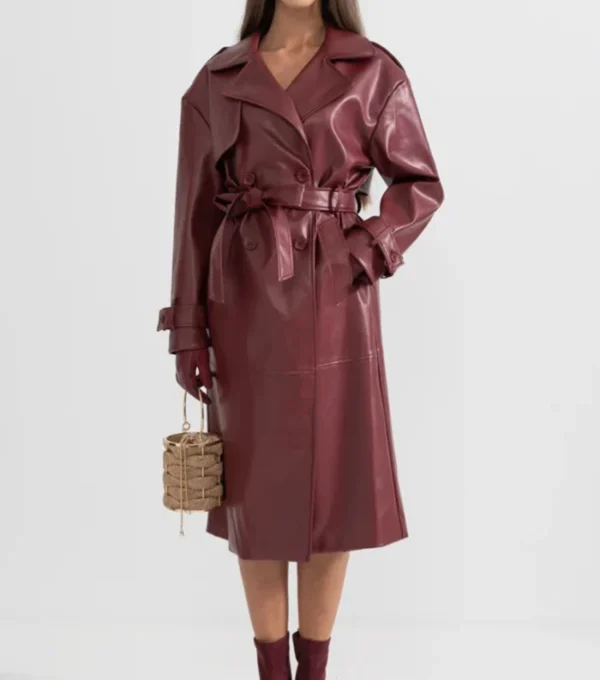 Burgundy Leather Trench Coat with Belt on Sale