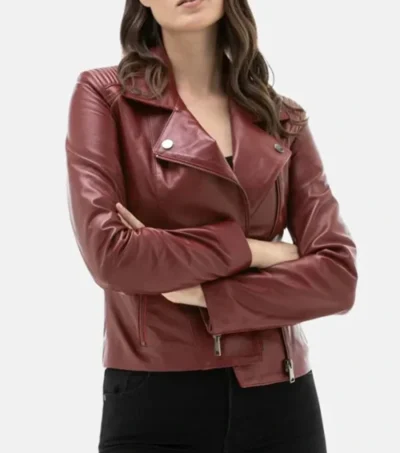 Burgundy Motorcycle Leather Jacket for Women