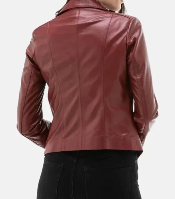 Burgundy Motorcycle Leather Jacket for Women Back