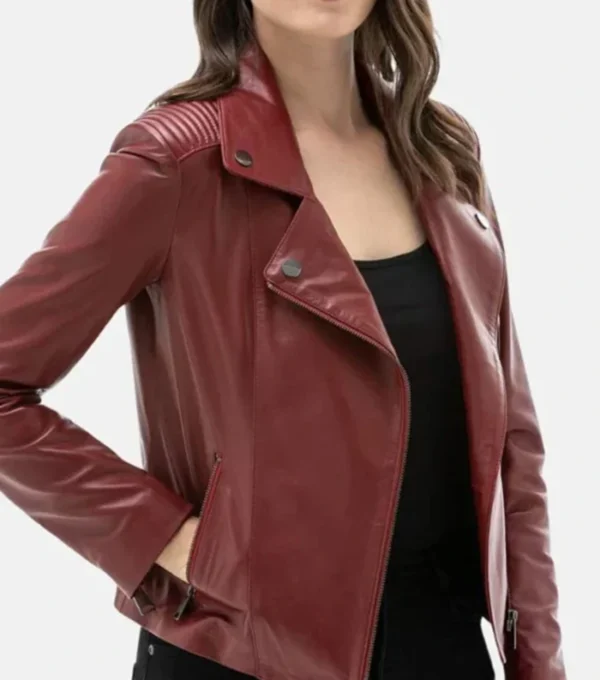 Burgundy Motorcycle Leather Jacket for Women Side Look