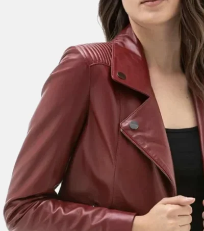 Burgundy Motorcycle Leather Jacket for Women on Sale