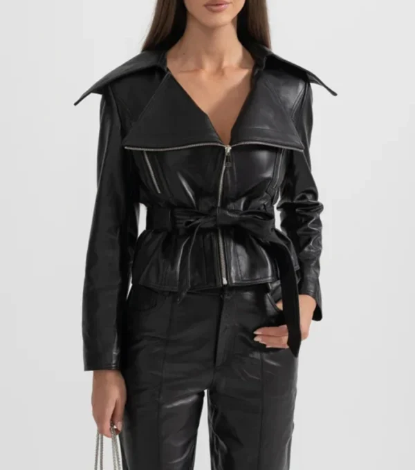 Buy Black Belted Leather Jacket Women