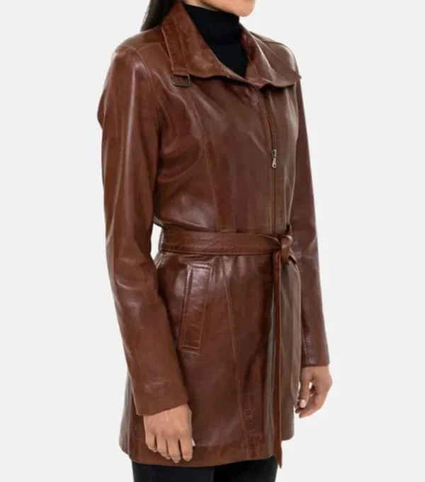 Buy Classic Belted Brown Leather Trench Coat for Women