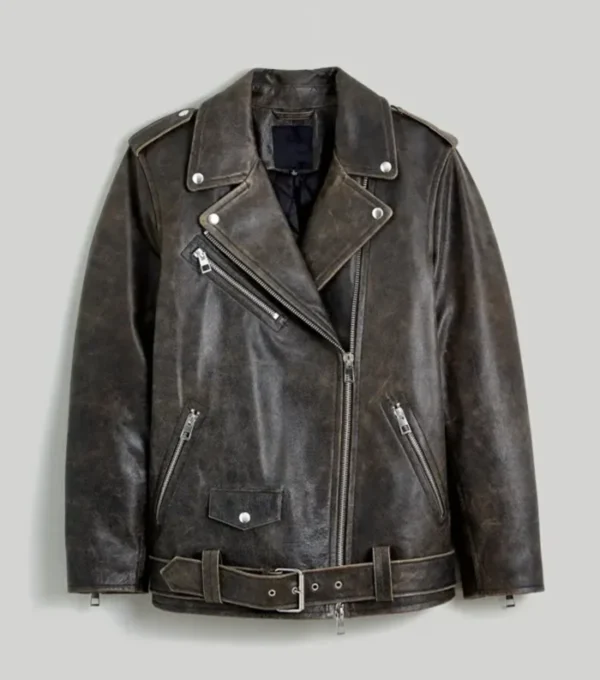 Buy Vintage Distressed Leather Biker Jacket for Women Front