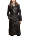 Buy Women’s Black Leather Trench Coat with Fur Collar and Belt