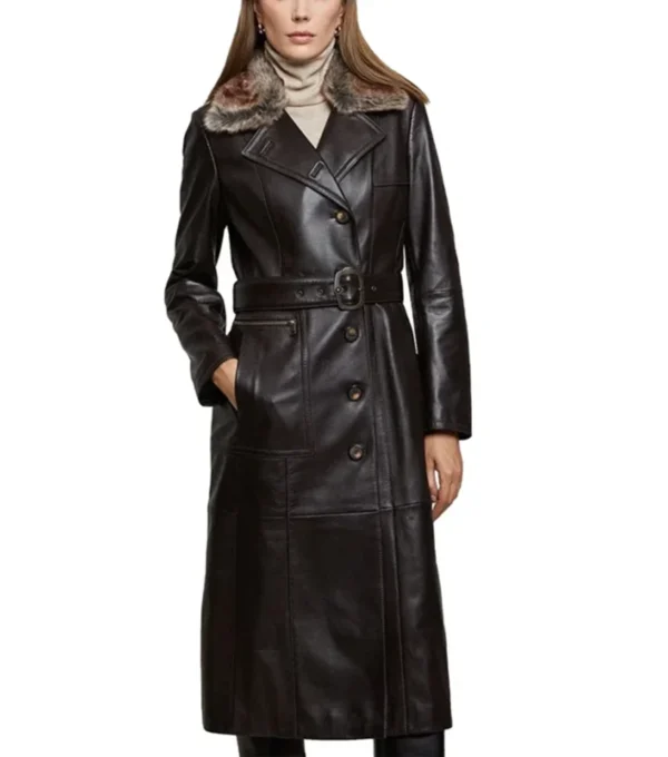 Buy Women’s Black Leather Trench Coat with Fur Collar and Belt