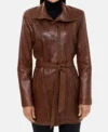 Classic Belted Brown Leather Trench Coat for Women