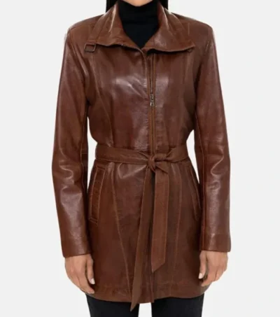 Classic Belted Brown Leather Trench Coat for Women