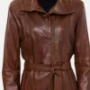 Classic Belted Brown Leather Trench Coat for Women Closer