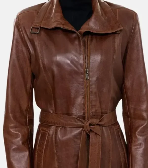 Classic Belted Brown Leather Trench Coat for Women Closer