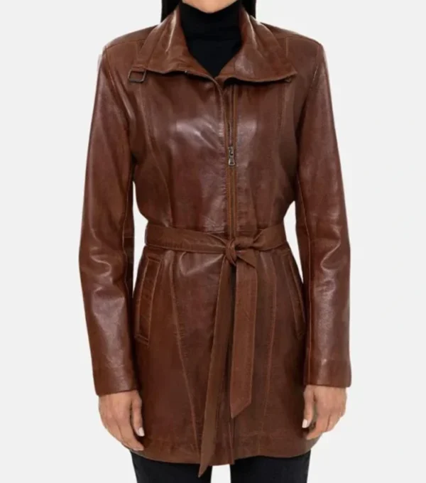 Classic Belted Brown Leather Trench Coat for Women on Sale