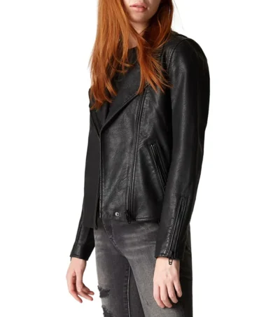 Classic Black Leather Biker Jacket for Women Side Look