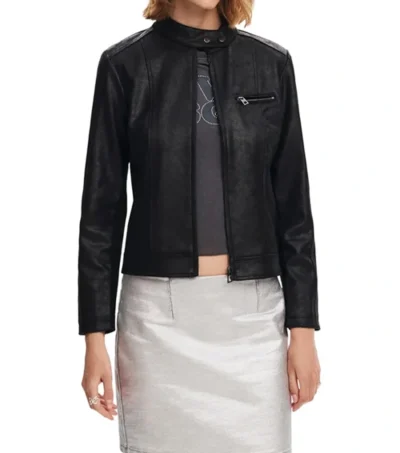 Classic Black Leather Cafe Racer Jacket for Women