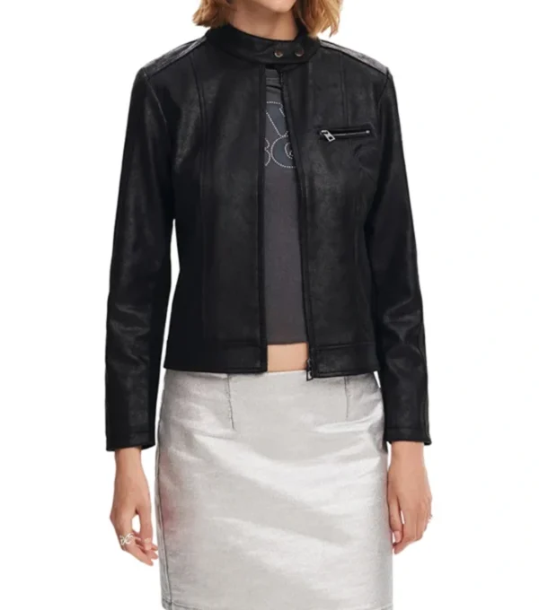 Classic Black Leather Cafe Racer Jacket for Women