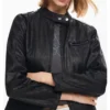 Classic Black Leather Cafe Racer Jacket for Women Closer