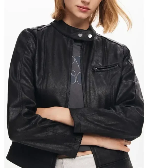 Classic Black Leather Cafe Racer Jacket for Women Closer