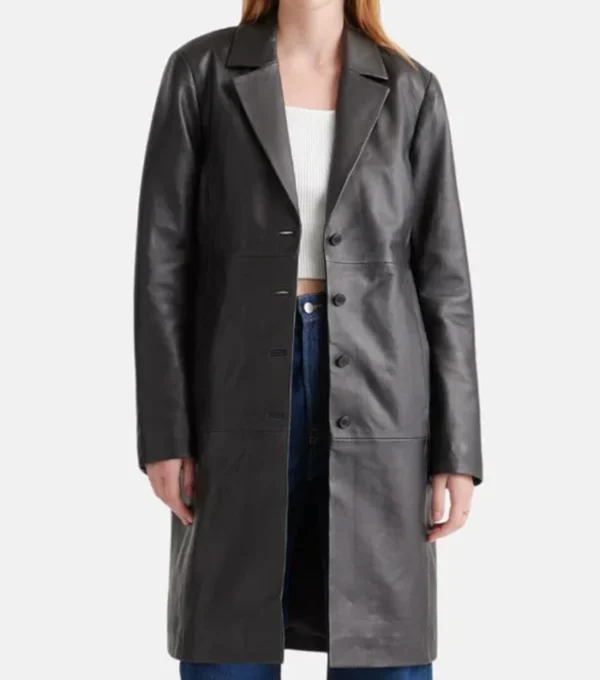 Classic Black Leather Trench Coat for Women