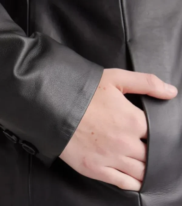 Classic Black Leather Trench Coat for Women Pocket