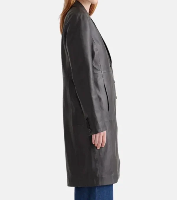 Classic Black Leather Trench Coat for Women Side Look