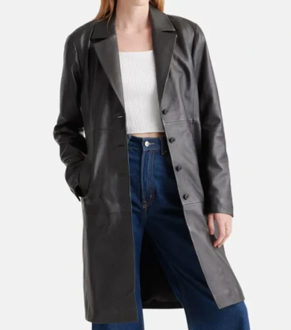 Classic Black Leather Trench Coat for Women on Sale