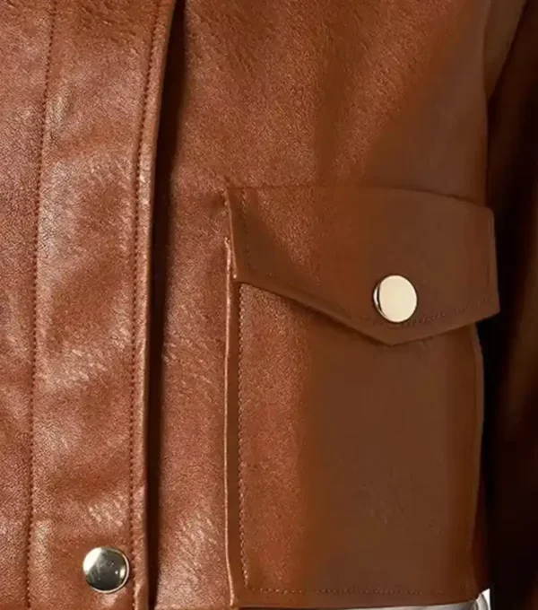 Classic Brown Cropped Leather Jacket Pocket