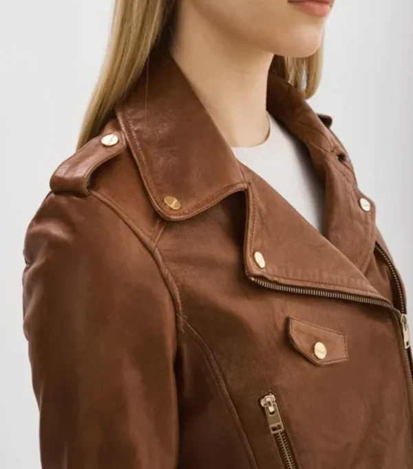 Classic Brown Leather Biker Jacket for Women Side Look