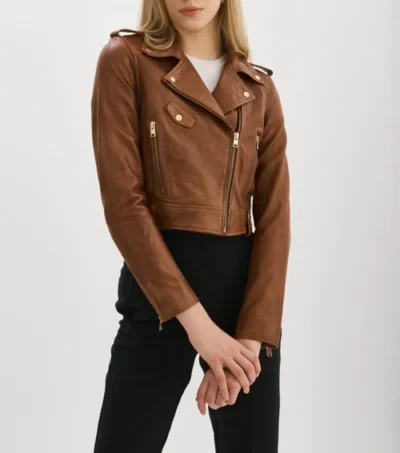 Classic Brown Leather Biker Jacket for Women on Sale