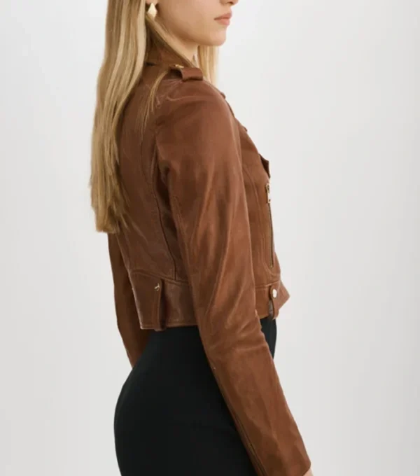 Classic Brown Leather Biker Jacket for Womens Side