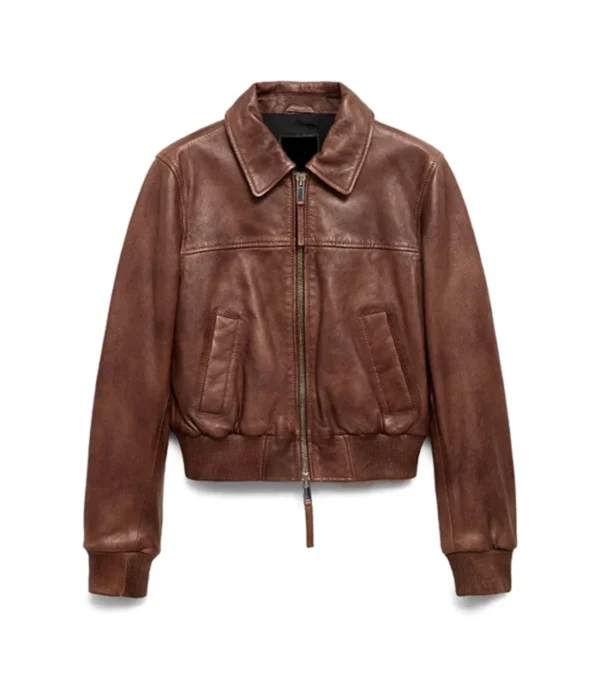 Classic Brown Zip-Up Leather Jacket Front