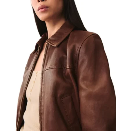 Classic Brown Zip-Up Leather Jacket Side Look