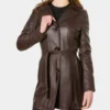 Classic Dark Brown Belted Leather Jacket for Women