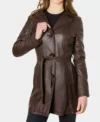 Classic Dark Brown Belted Leather Jacket for Women